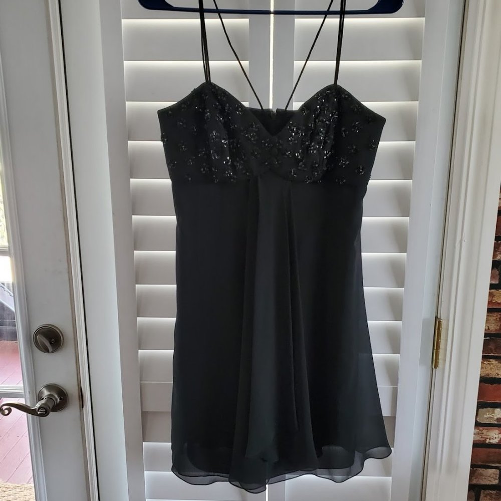 VTG A.J. Bari Dress Black Designer Size 4 Flair Wrap Beads Sequins Floral Knee